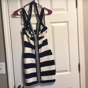 Bebe navy and white dress with zipper front.